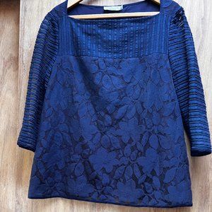 EUC Tory Burch [DARK] Navy top w/ Lace & Sheer Stripe Detail - Large